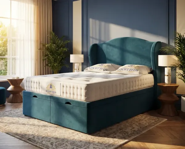 Teal upholstered bed in a styled bedroom