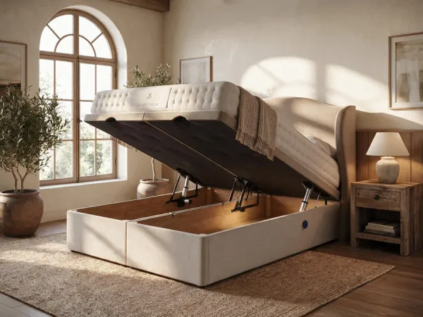 Electric ottoman bed with its storage compartment open