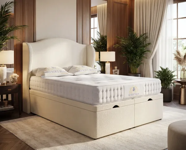 Cream bed and mattress in a coordinated bedroom