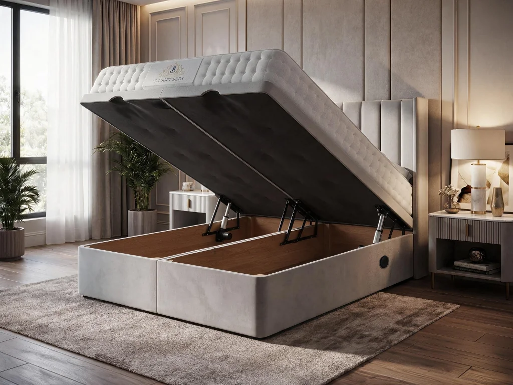 Light grey upholstered ottoman bed lifted to reveal its spacious storage compartment