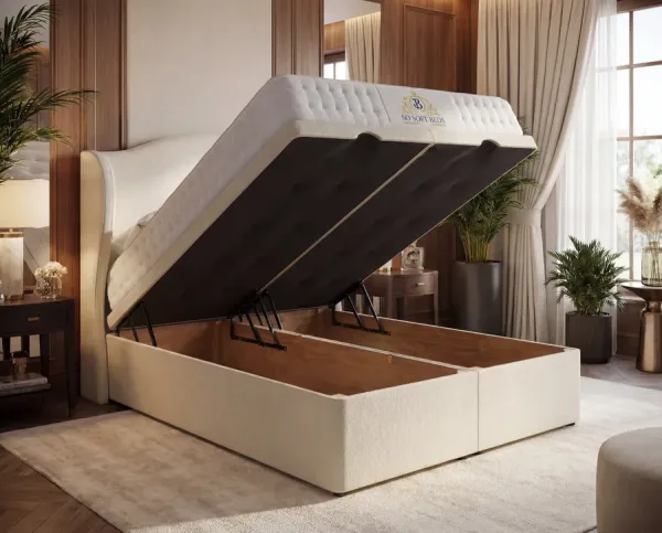 Cream ottoman bed lifted to show its storage space