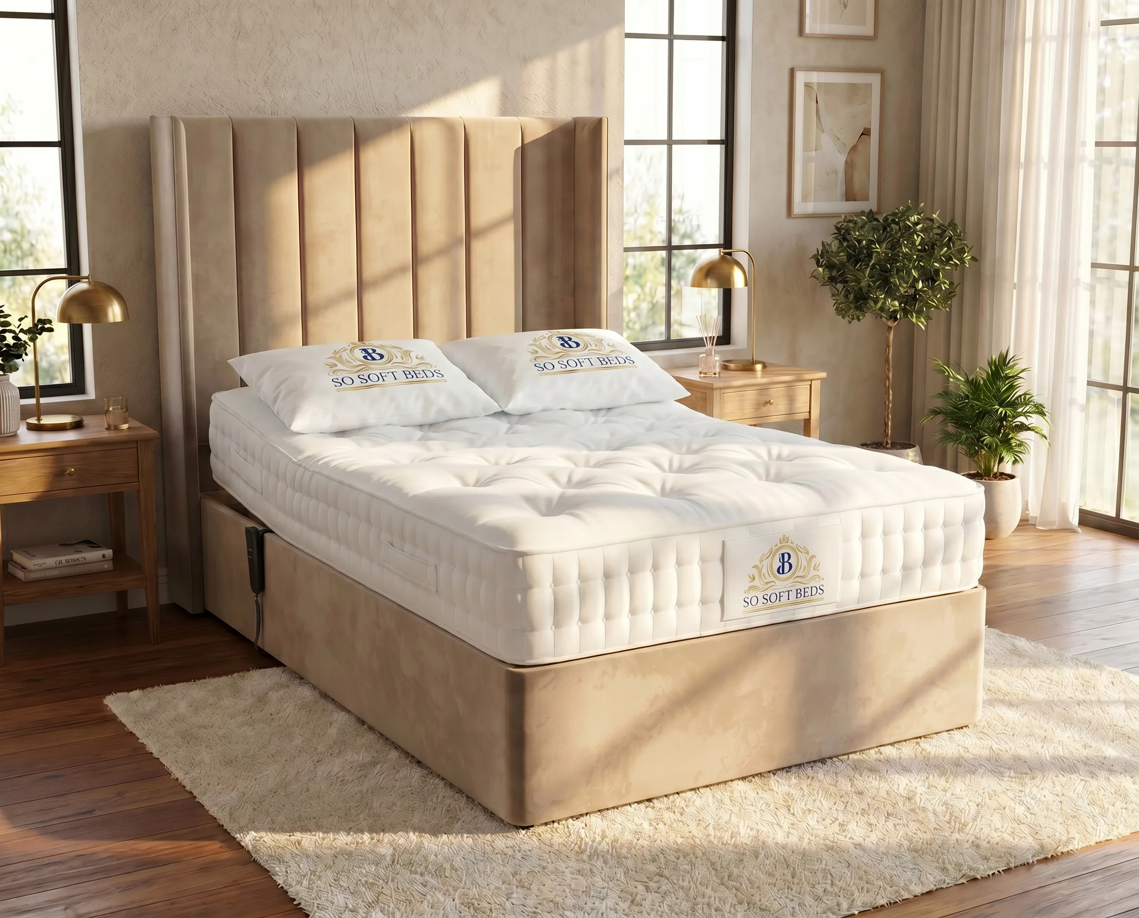 All electric ottoman adjustable bed in Plush Velvet Beige flat