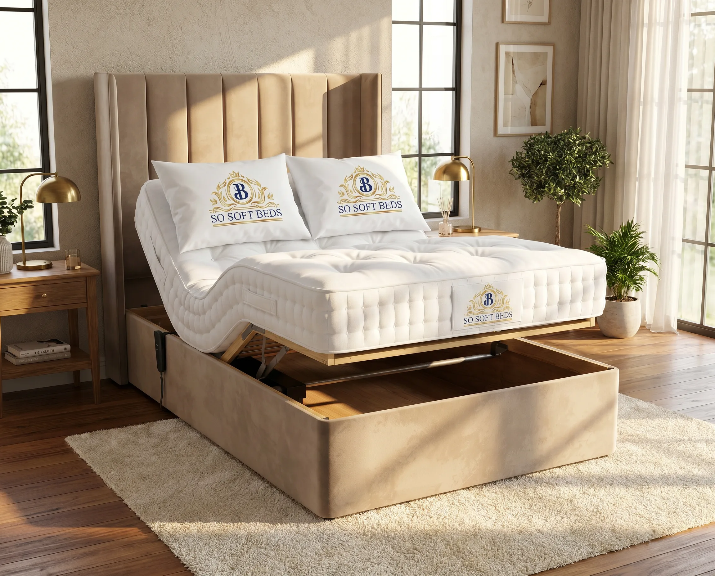 All electric ottoman adjustable bed in Plush Velvet Beige raised