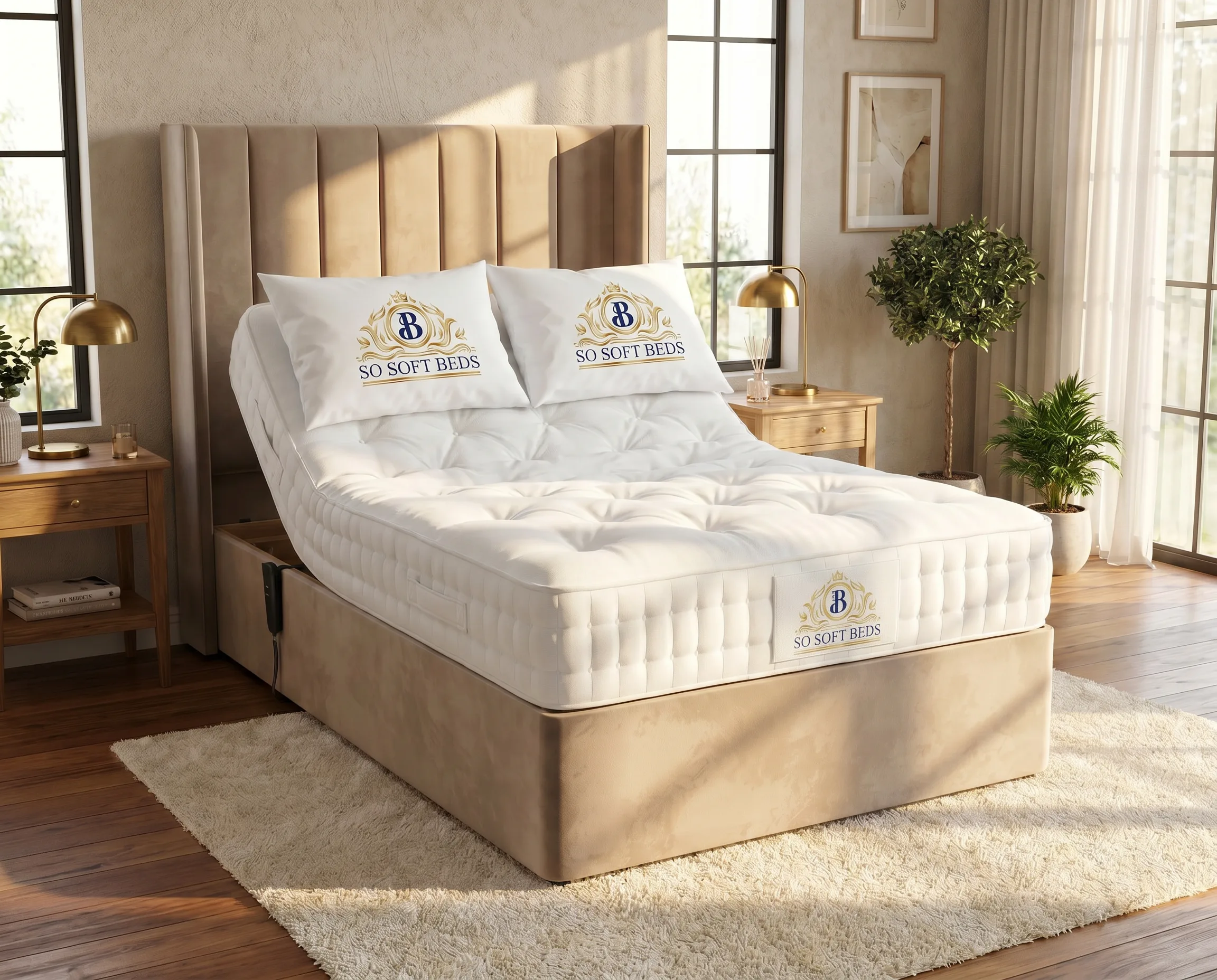 All electric ottoman adjustable bed in Plush Velvet Beige head raised