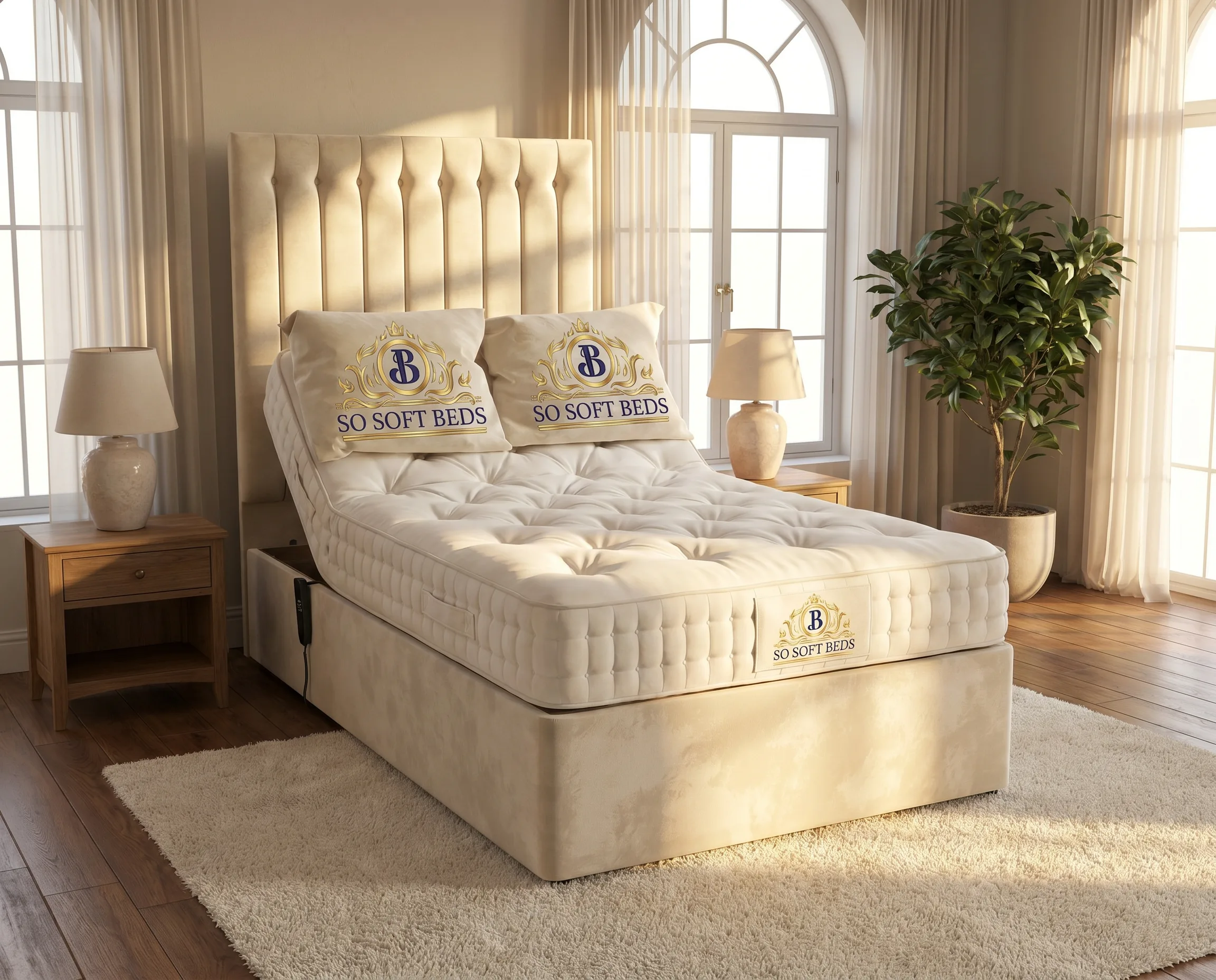 Heavy duty adjustable bed in Naples Cream with head raised